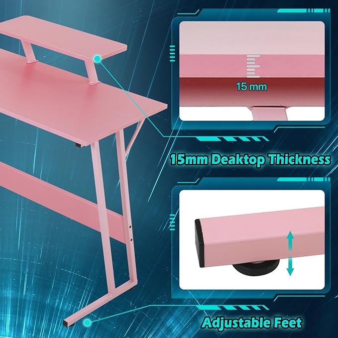 Dkelincs L Shaped Gaming Desk 51 Inch Computer Corner Desk Home Office Desks PC Gaming Table with Monitor Riser Stand for Home Office Writing Workstation Pink