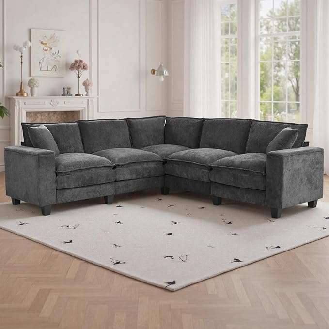 97 5 Seater L Shaped Couch Corner Sofa Oversized Cloud Couch with 2 Pillows Chenille Modular Sectional Sofa Armrests with Two Hidden Storage Space Sectional Couches for Living Room Dark Grey