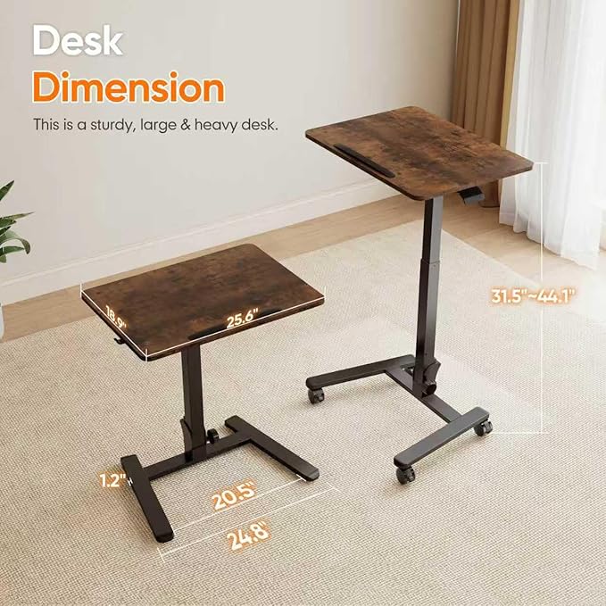 Monomi Mobile Folding Desk 25.6 Inch Small Sit-Stand Height Adjustable Rolling Laptop Desk Space-Saving Portable Desk with Wheels for Home Office Craft &amp Study Brown