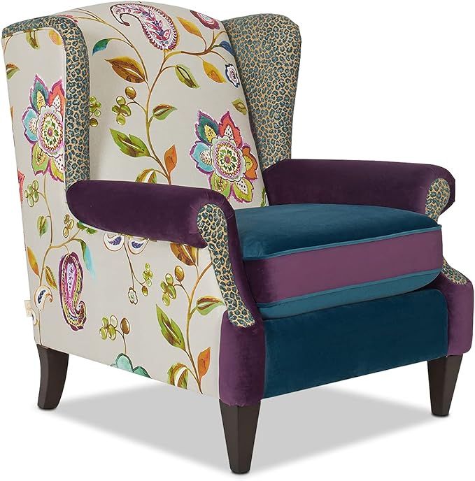 Jennifer Taylor J T Home Ayla Boho Chic Wingback Accent Arm Chair Floral &amp Leopard Blue-Teal &amp Purple Velvet