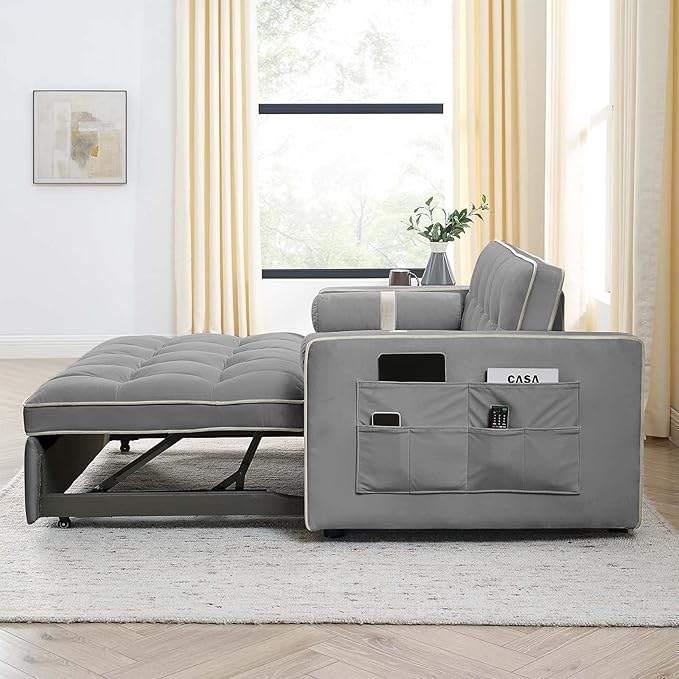 Sleeper Sofa Couch w/Pull Out Bed 55 New Upgraded Tufted Velvet Convertible Sleeper Couch Bed Small Love seat Sofa w/ 2 Pillows for Small Space Living Room Apartment Beige