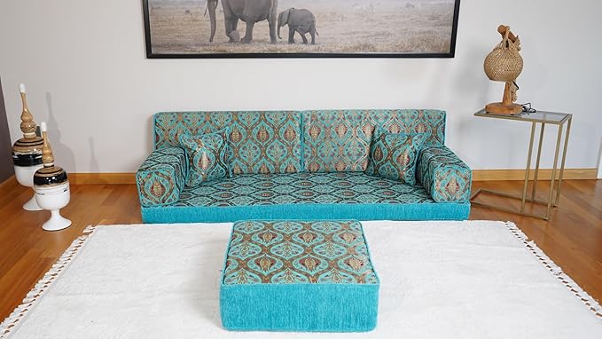 arabicsofa Turquoise Arabic Floor Cushion – Jalsa Sofa Set with Pillows Traditional Oriental Floor Seating Sofa Ottoman Couch