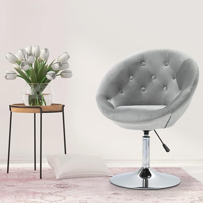 Modern Makeup Vanity Chair Round Tufted Swivel Accent Chair with Chrome e Height Adjustable for Living Room Bedroom Gray