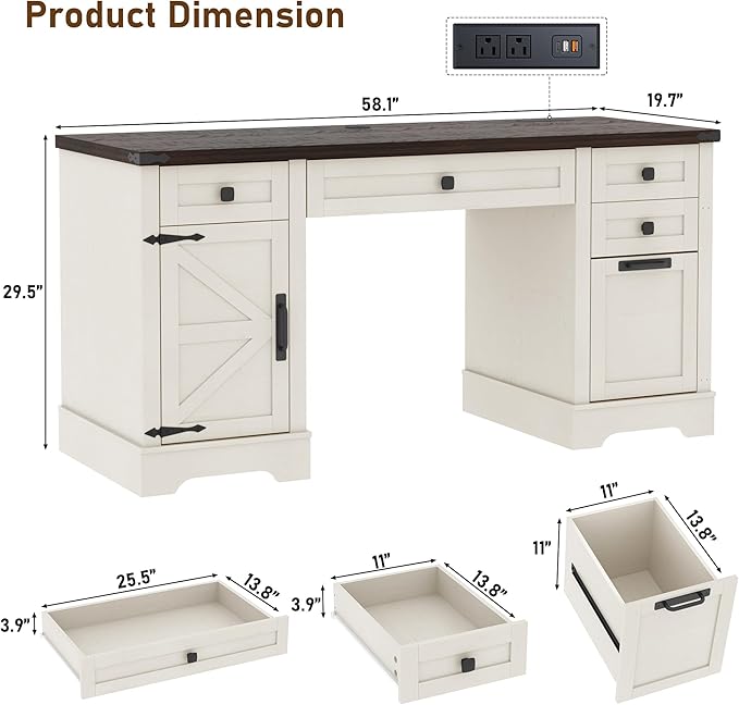 58'' Farmhouse Home Office Desk with Drawers Wooden Executive Desk with Charging Station File Drawers and Storage Cabinet Computer Desk for Work Study and Writing Rustic White