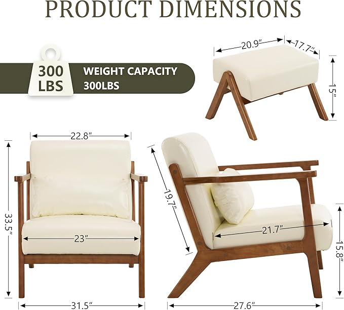 Modern Accent Chair and Ottoman Set Mid-Century Faux Leather Upholstered Lounge Armchair with Solid Wood Frame &amp Comfortable Cushion for Living Room Bedroom Balcony Beige