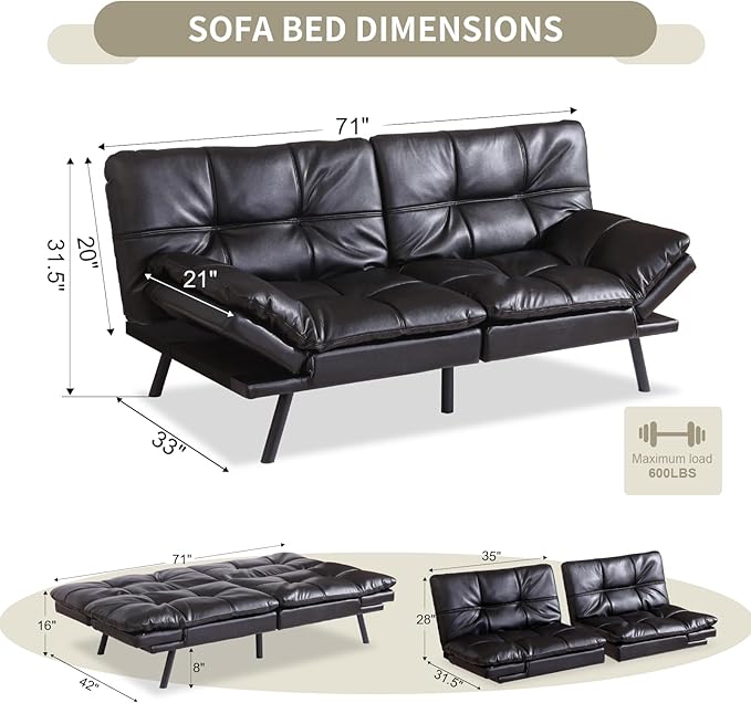 MUUEGM 71 Futon Couch Filled with Memory Foam Convertible Futon Sofa Bed with Adjustable Backrest Armrest Folding for Living Room Small Space Loveseat for Sleeper(Leather Black)