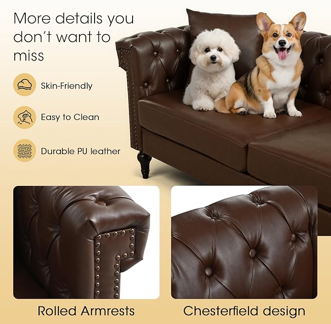 99.4 X 99.4 L Shaped Couch Faux Leather Sectional Couch with Three Pillows Chesterfield L Shaped Sofa 5 Seat PU Leather Sectional Couches for Living Room Brown