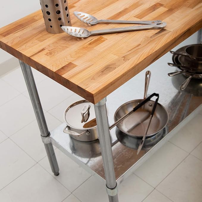 John Boos Maple Wood Top Work Table 36”x24”x36” – 1.5” Thick Tabletop 68-lb Kitchen Station with Wooden Edge-Grain Table &amp Steel Base &amp Adjustable Shelf