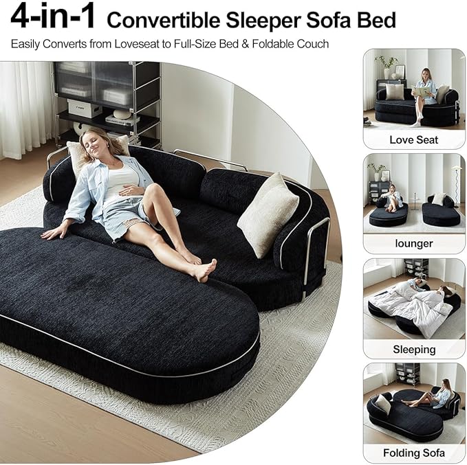 Convertible Sofa Bed with Fixed-Shape Frame 4-in-1 Combination Folding Pull Out Couch Futon Couch in a Box Modular Floor Sleeper Sofa Bed for Living Room Bedroom (2 Pillows Black) ﻿