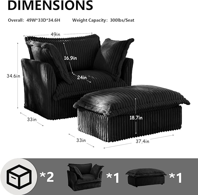 49''W Corduroy Chaise Lounge Chair Indoor Oversized Upholstered Sleeper Sofa with Movable Ottoman and 2 Pillows Removable Sofa Cover for Living Room Home Theater Apartment(Black)