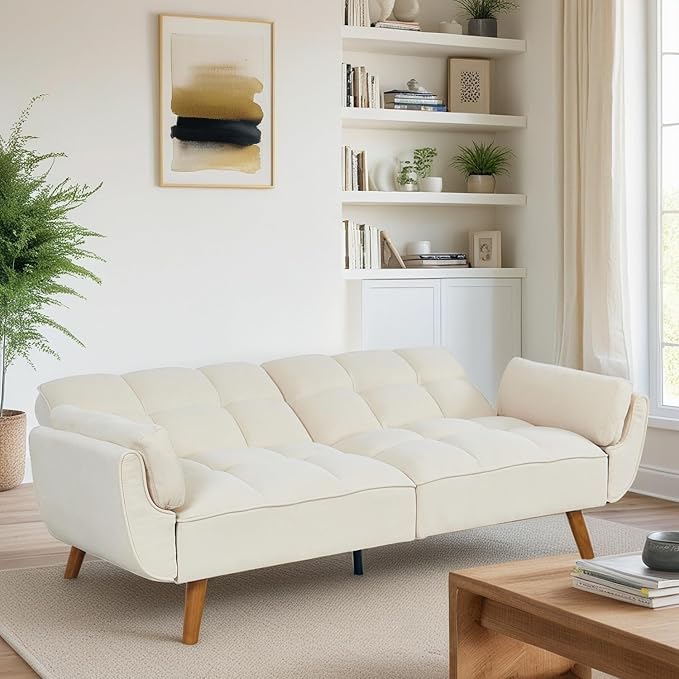 Convertible Futon Sofa Bed Modern Futon Couch with 2 Pillows Small Futons Couch with Adjustable Armrest &amp Backrest Loveseat Sofa Bed for Living Room Bedroom Beige