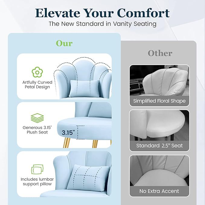 Petal Makeup Vanity Chair with Back Flower Chair Comfy No Wheels for Girls Women Makeup Chair with Golden Metal Legs &amp Lumbar Pillow for Living Room/Makeup Room/Bedroom/Home Office - Blue