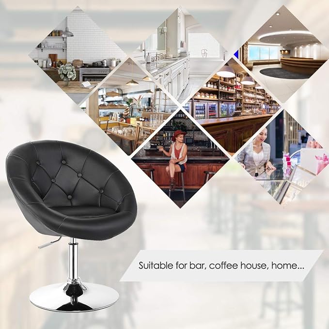 COSTWAY Vanity Chair Contemporary Height Adjustable Makeup Chair with Chrome Frame Tufted Round-Back Modern Swivel Accent Chair for Lounge Pub Bar Black