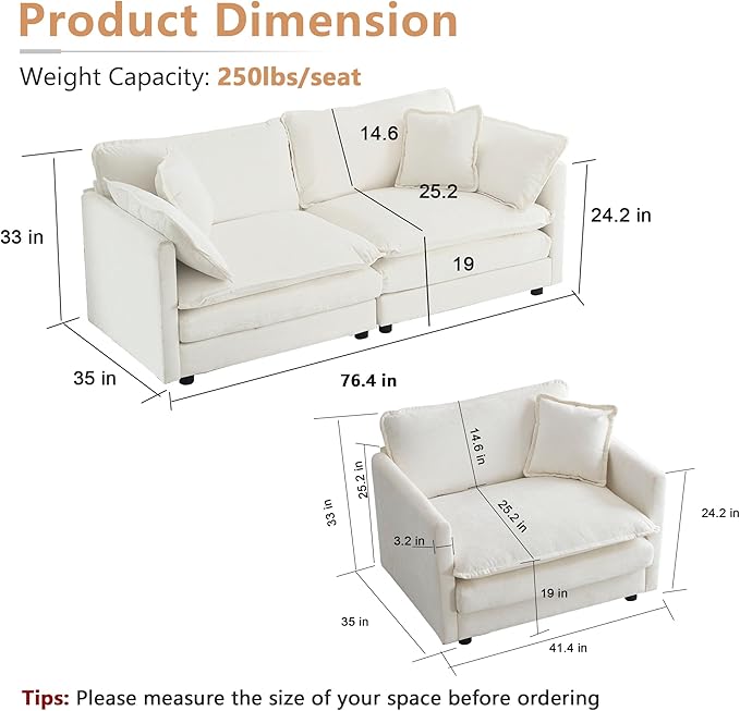mikibama Luxury 2 Piece Loveseat Couch &amp Sofa Armchair Set Modern Upholstered Chenille Cloud Couches Set Furniture with 5 Pillow for Living Room Bedroom Office Apartment Beige