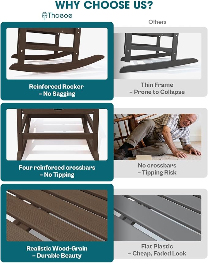 Oversized Rocking Chair Set of 2 Outdoor Rocking Chair for Adults All Weather Resistant Porch Rocker for Lawn Garden Brown
