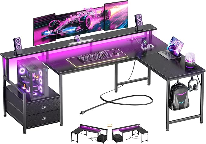 Furologee 66 L Shaped Gaming Desk with Power Outlet &amp LED Lights Reversible Corner Computer Desk with 2 Drawers &amp Storage Shelves for Home Office Large PC Table with Monitor Stand Black
