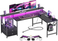 Furologee 66 L Shaped Gaming Desk with Power Outlet &amp LED Lights Reversible Corner Computer Desk with 2 Drawers &amp Storage Shelves for Home Office Large PC Table with Monitor Stand Black