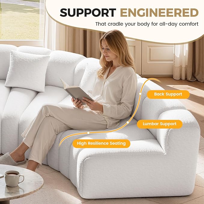 Oversized Curved Sofa 6 Seater Modular Velvet Cloud Couch Modern Boneless Sectional Couches for Living Room No Assembly Required White 1PC