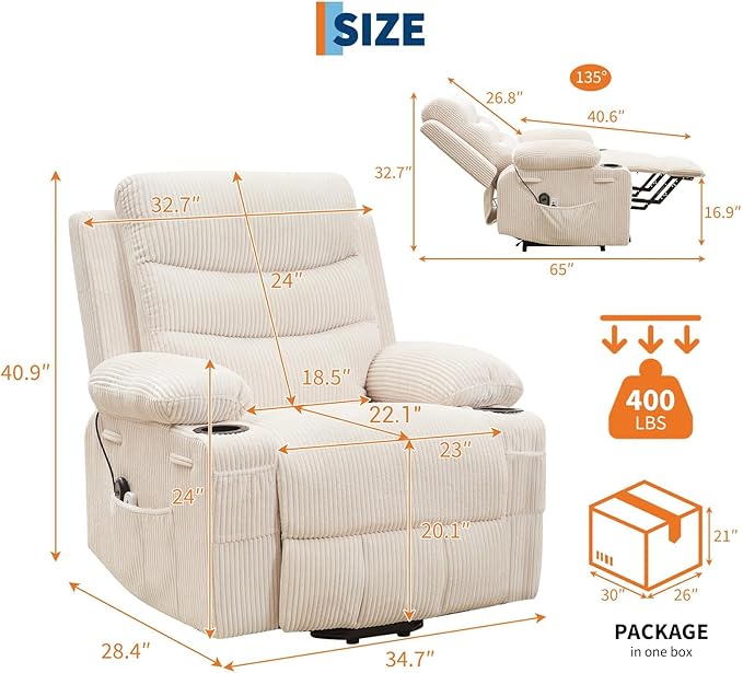 GAOMON Power Lift Recliner Chair for Elderly Oversize Electric Lift Recliner with Massage and Heat Single Sofa Seat with Cup Holders and Side Pocket for Living Room Beige
