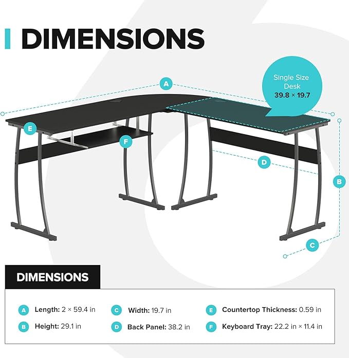 RIF6 L Shaped Modern Computer Home Office Gaming Desk with Keyboard Tray and Cable Management Easy Assembly Black