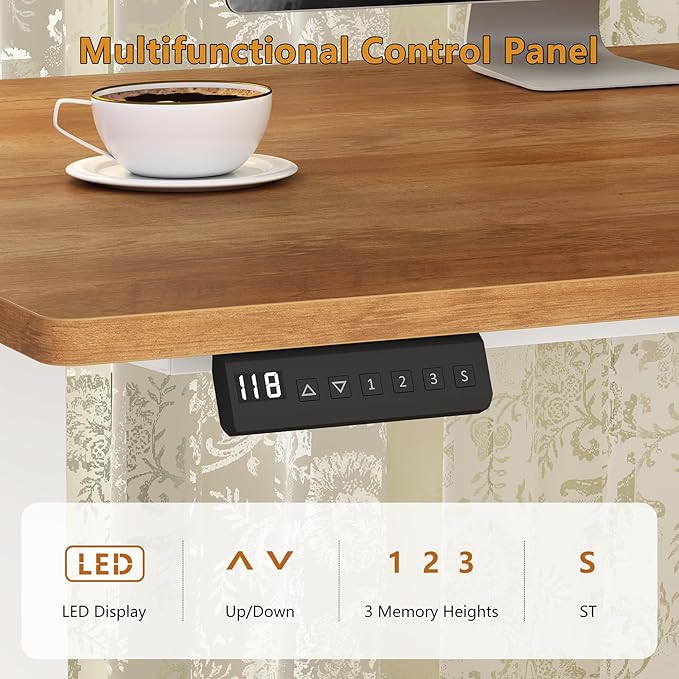 Farmhouse L Shaped Electric Standing Desk with File Cabinet 55 inch Height Adjustable Computer Desk with Drawers ＆ Storage Shelves Corner Standing Desk with Power Outlets Brown and White