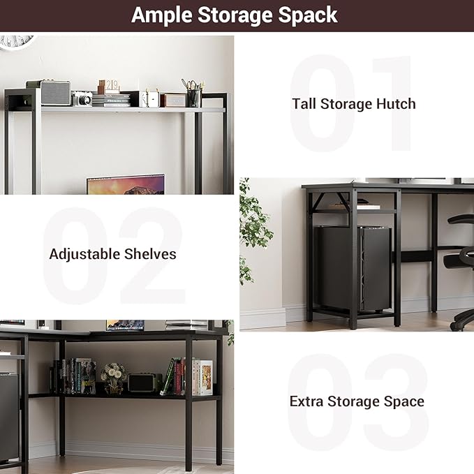 Unikito L Shaped Gaming Desk with LED Strip and Power Outlets Reversible L-Shaped Computer Desk with Storage Shelves Corner Desk with Hutch 2 Person Home Office Desk Black
