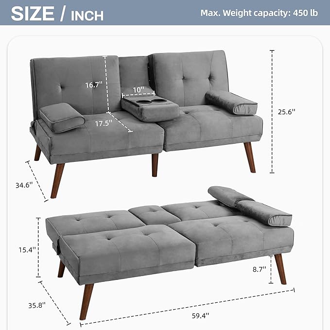 JAMFLY Futon Couch Sofa Bed Convertible Small Sleeper Sofa Chair Loveseat with Cup Holder for Small Spaces Living Room Bedroom Gameroom Apartment Dorm (Light Gray)