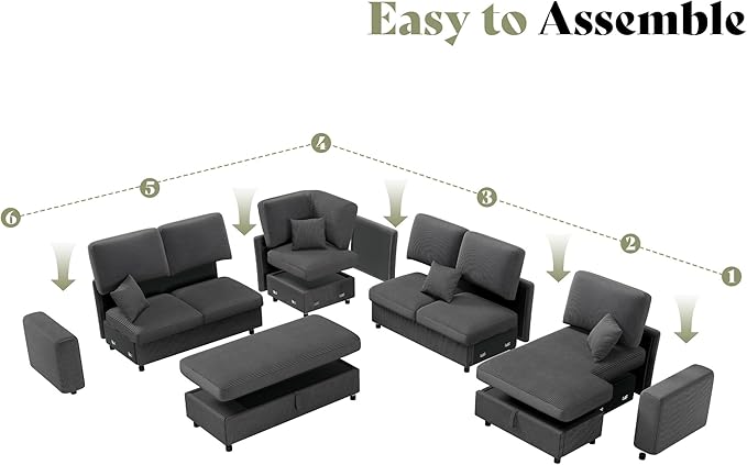AMERLIFE 129 Inch Sectional Couches for Living RoomSectional Couch with Storage &amp OttomanModular Sectional Sofa Converts to SleeperCloud Couch Sectional for Large Space with CorduroyGrey
