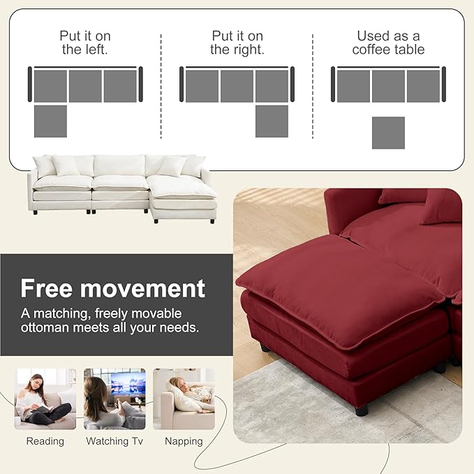 108 Cloud Sectional Couches for Living RoomConvertible L-Shape Couch with Ottoman3 Seater Modular Sectional Sofa with Pillows (Red 3 Seater + 1 Ottoman)