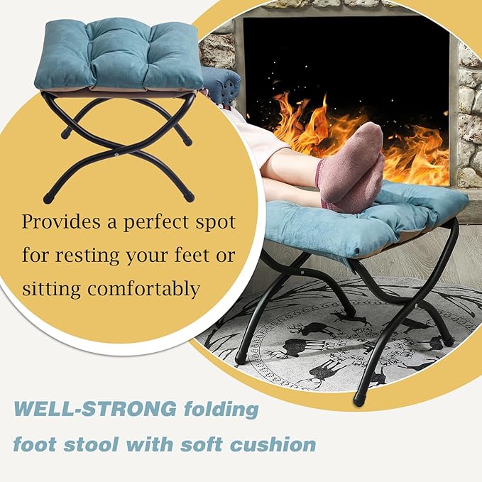 15 Foldable Foot Stool Ottoman with Metal Frame - Washable Blue Upholstered Indoor/Outdoor Footrest for Living Room Bedroom Patio - Space-Saving Compact Design