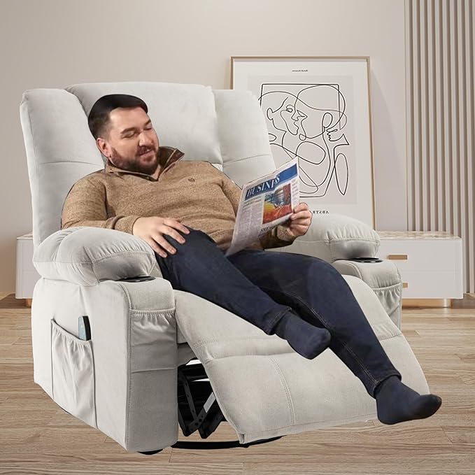 Rocker Recliner Chair with Heat and Massage Wide Seat Overstuffed Fabric Reclining Chair for Living Room Nursery Glider Rocking Chair Swivel Recliner with Cup Holder White