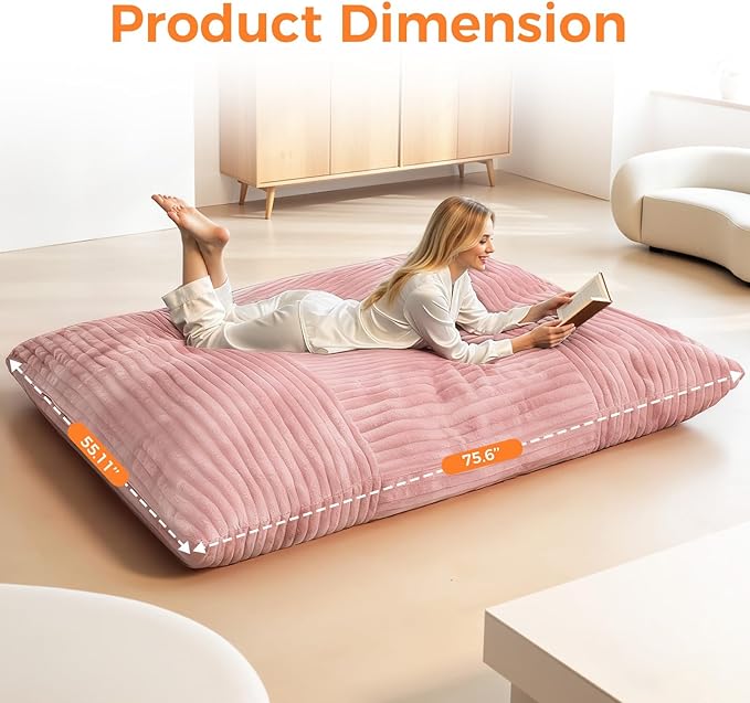3 in 1 Giant Bean Bag Chair Convertible Bean Bag Bed for Adults and Kids Oversized Comfy Memory Foam Floor Sofa with Machine Washable Cover for Living Room Bedroom &amp Dorm(Pink)