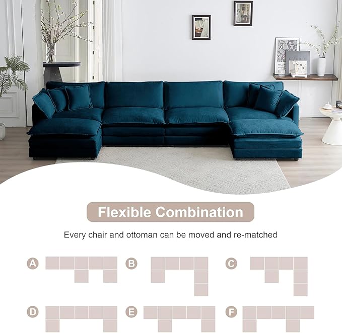 76.7 Modular Sectional Sofa U Shaped Deep Seat Cloud Couch with OttomanConvertible 2-Seater Comfy Chenille Upholstered Sofa Set for Living Room Apartment Studio – Blue