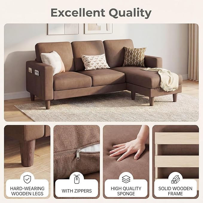 Homall 3 Seat Couch L Shape Sofa with Side Storage Pockage Sectional Couches with Reversible Ottoma Upholstered Sofa for Living Room and Small Spaces (Linen Fabric Coffee Brown)