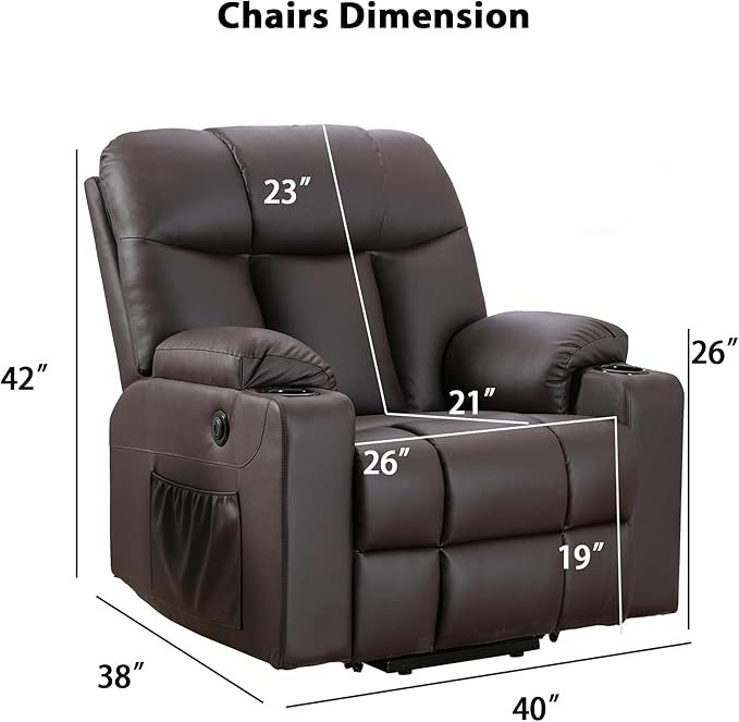 Bonzy Home Lift Recliner Chair for Elderly Oversized Faux Leather Lift Chair with Heat and Massage Extra Wide Single Sofa with 2 Cup Holders Side Pockets USB Port Brown