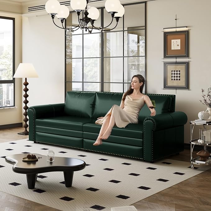 93.7 King Size Chesterfield 3-seat Pull Out Sofa Bed Leather Sofa Bed with Nailhead Trim and Rolled Arm 3-in-1 Sofa Sleeper for Living Room Apartment Office Green