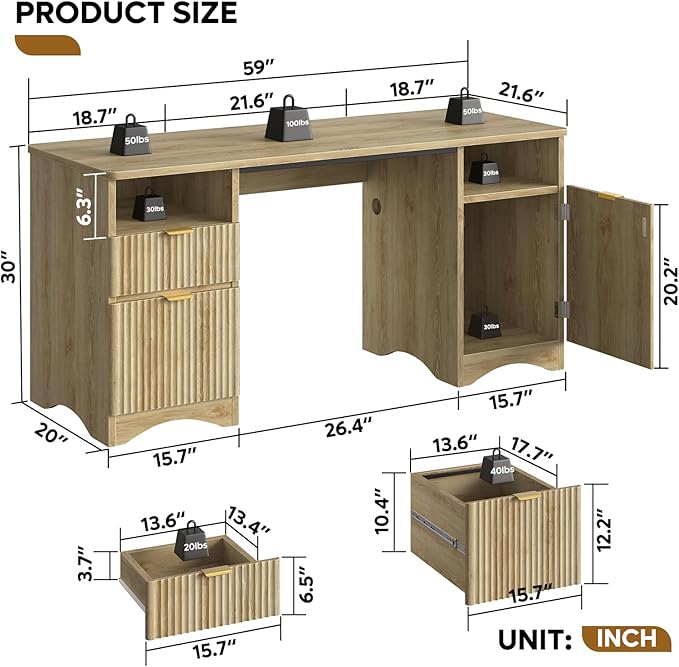 Bestier Computer Desk with 2 Drawer 59 inch Office Desk with Storage Cabinet &amp 2 Open Storage Fluted Executive Desk for Home Office &amp Studio Brown Oak