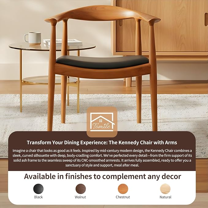 Tomile Hans Wegner Kennedy Armchair Upholstered Mid Century Dining Chair with PU Leather Seat Solid Wood Frame and Ergonomic Curved Backrest Fully Assembled Kennedy Chair for Home Office (Chestnut)