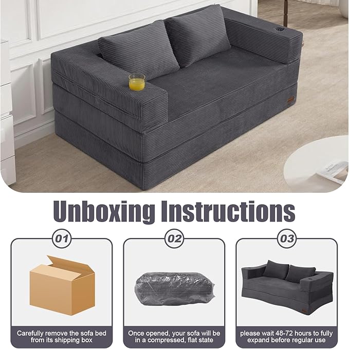 MeMoreCool Futon Couch Convertible Sofa Bed Queen Folding Floor Couch Bed with Pillow Corduroy Grey Foldable Sofa Sleeper Fold Out Boneless Loveseat Lounge for Living Room Small Spaces