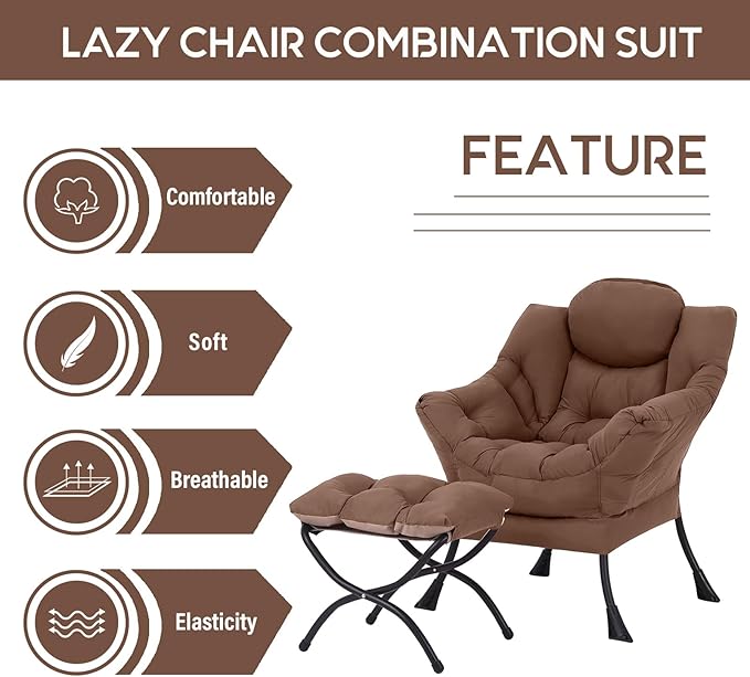 LITA Lazy Chair with Ottoman Modern Accent Leisure Upholstered Sofa Chair Contemporary Lounge Reading Chairs with Armrests and a Side Pocket for Living Room Bedroom &amp Small Space Dark Brown