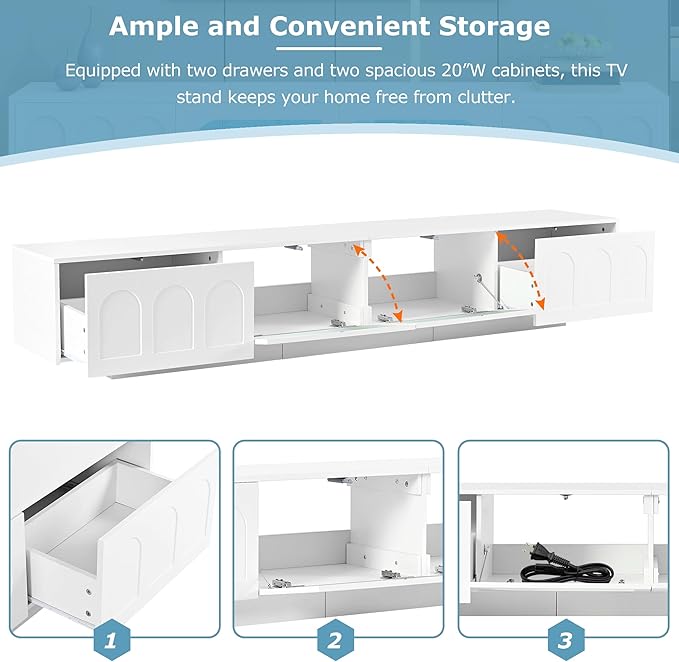 Merax TV Stand for Televisions Up to 95'' Functional Media Console with APP-Controlled Smart LED Light Arched Cabinet Doors and Fluted Glass Doors Entertainment Center for Living Room White