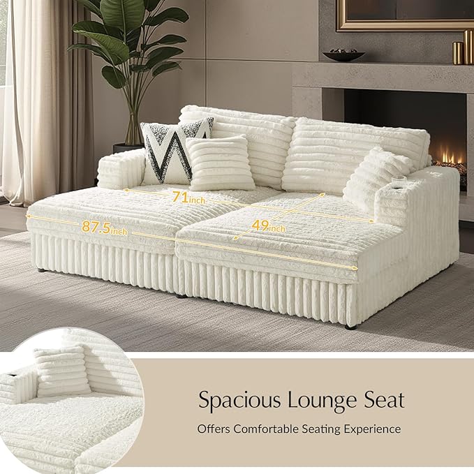 HULALA HOME 88 Double Chaise Lounge Sofa with USB Port and Cup Holder Oversized Cloud Couch with Faux Rabbit Fur Deep Seat Sleeper Sofa Bed for Living Room Bedroom Ivory