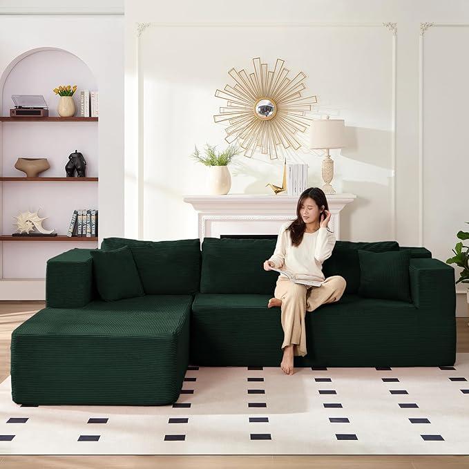 PUREMIND 106 Cloud Sectional Couch for Living Room Corduroy L Shape Sofa with Deep Seat Modern Green Couches Modular Boneless Foam Couch Corner Couches No Assembly Required