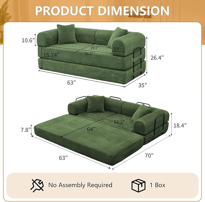 JJJ 63 inch Sofa Bed 4-in-1 Boneless Convertible Corduroy Sleeper Folding Couch with Fixed-Shape Frame and 2 Futons No Assemble Required 3 Seater Upholstered for Living Room (Olive Green 63 inch)