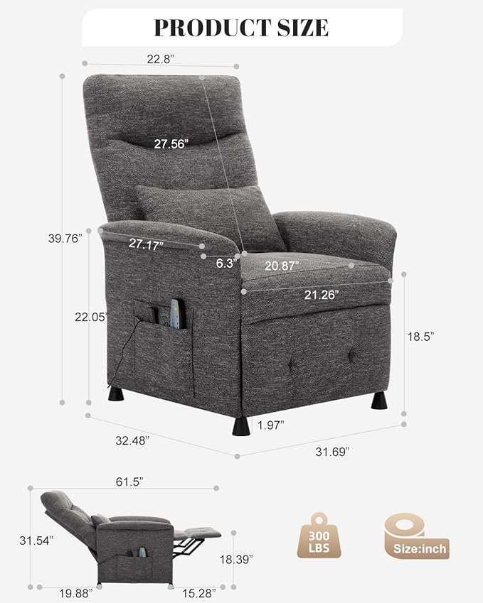 Power Recliner Chair for Adults - Electric Reclining Sofa with Side Pocket &amp Remote Adjustable Recliner for Living Room or Home Theater Seating