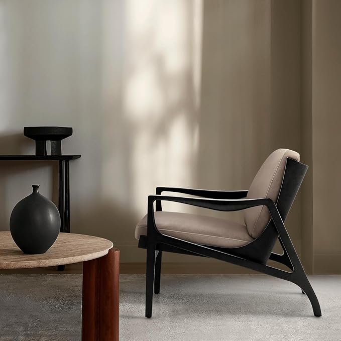 Genuine Leather Accent Chair with Ash Wood Frame Mid Century Modern Armchair Genuine Leather Accent Lounge Chair with Thick Cushioned Seat for Living Room Bedroom or Office