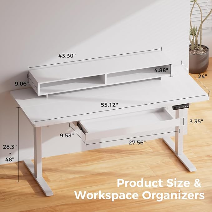 GTPLAYER Electric Standing Desk with Drawers 55 x 24 Inch Height Adjustable Gaming Desk with Monitor Stand Power Outlets &amp LED Lights Home Office Sit Stand Up Desk with Memory Preset (White)