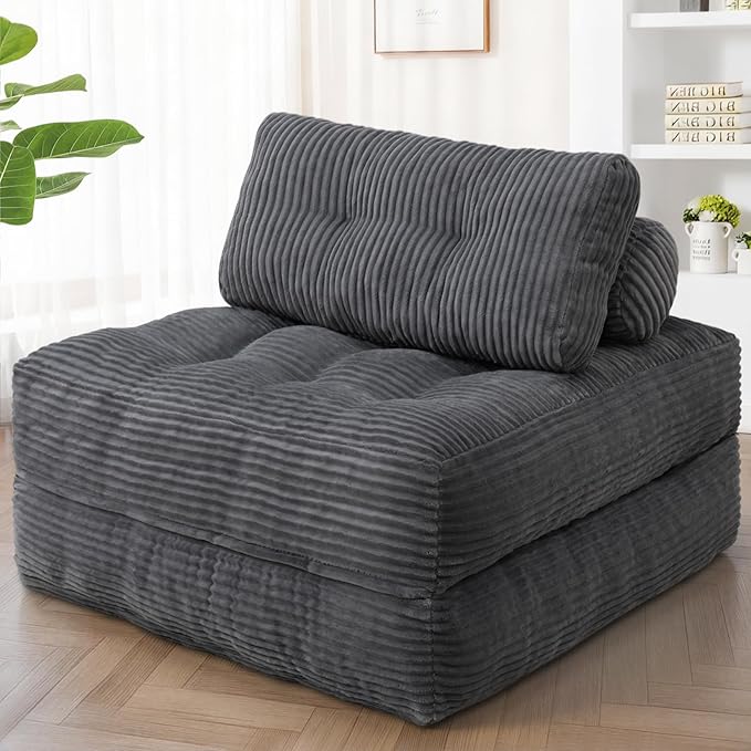 Folding Sofa Bed Convertible Sleeper Chair with Pillow &amp Handle Foldable Mattress Futon Chair Bed Lounge with Back Support Comfy Floor Sofa for Living Room Bedroom Grey Single