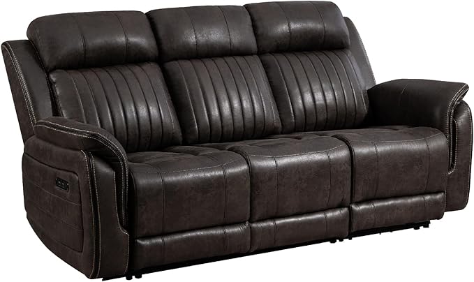 Zero Gravity Power Recliner Sofa Couch – Electric Reclining Sofa with Drop Down Table 3 Seater Dual Reclining Couch with Adjustable Headrests for Living Room (Foil Fabric Brownish Gray)