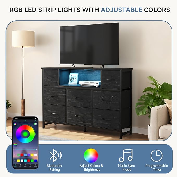 DUMOS TV Stand Dresser with 8 Fabric Drawers and Open Shelves LED Entertainment Center with Charging Station Wood Top Media Console for 45-55 inch Bedroom Woodgrain Black